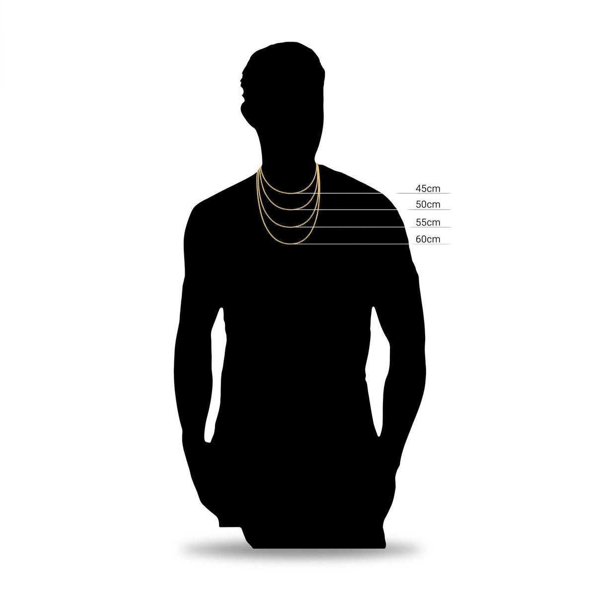 Cadena tipo Cartier de El Rey Joyero en oro laminado sobre silueta masculina mostrando diferentes largos de 45 a 60cm
