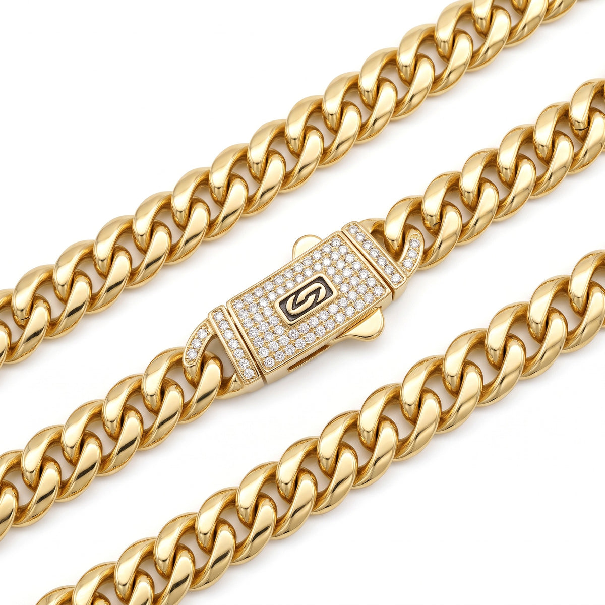 Cadena Mónaco de El Rey Joyero en oro laminado 14k con eslabones gruesos y broche de caja con incrustaciones de zirconias