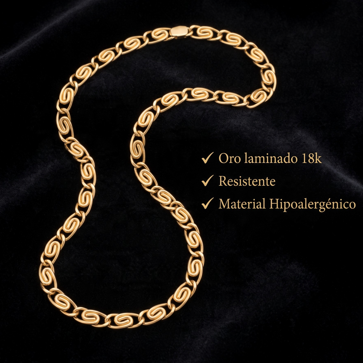 Cadena El Rey Joyero estilo ojo de pollo en oro laminado 18k, diseño resistente e hipoalergénico sobre fondo negro