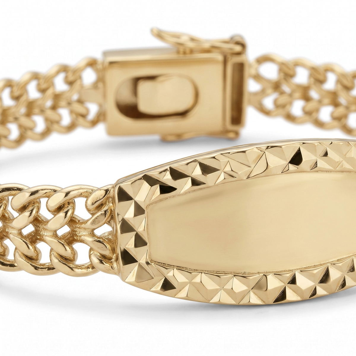 Esclava Petatillo Diamantada de El Rey Joyero en oro amarillo con placa central grabada y eslabones entrelazados
