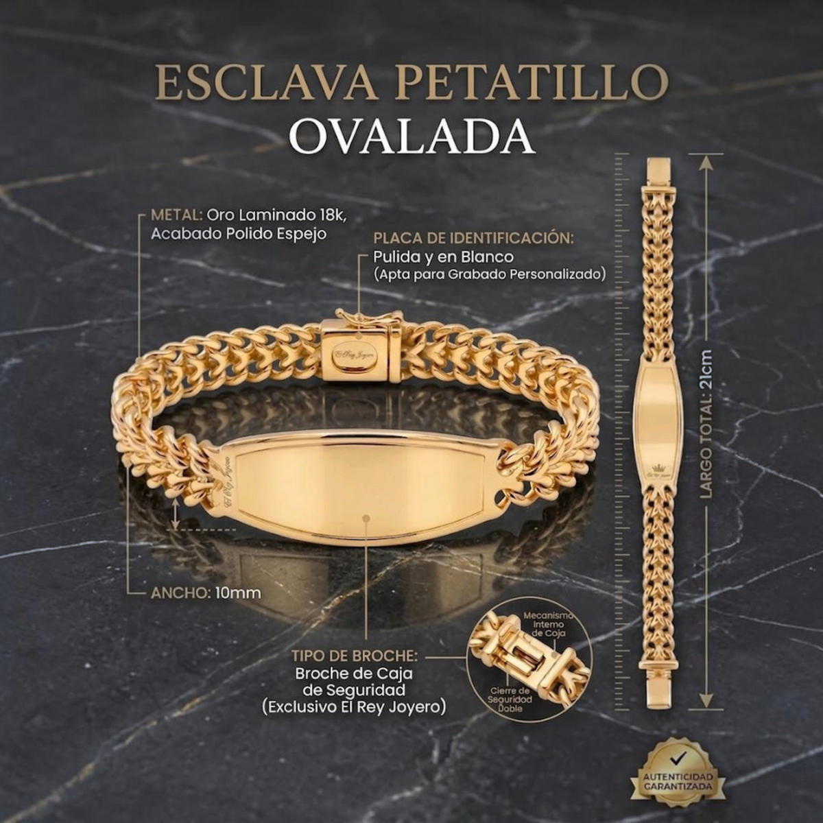 Esclava Petatillo lisa de El Rey Joyero en oro laminado 18k con placa pulida para grabado y broche de seguridad