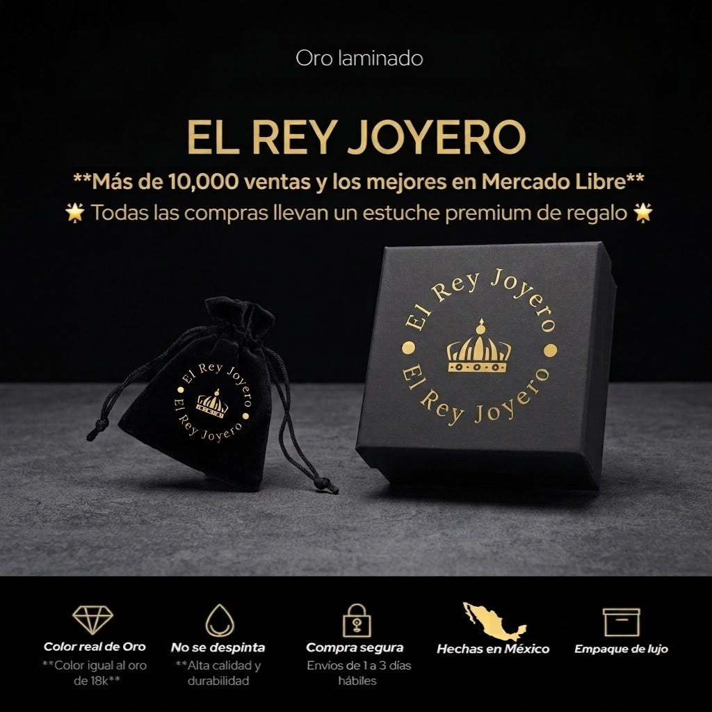 Estuche de lujo y bolsa de terciopelo de El Rey Joyero para joyería con logo dorado sobre fondo negro elegante