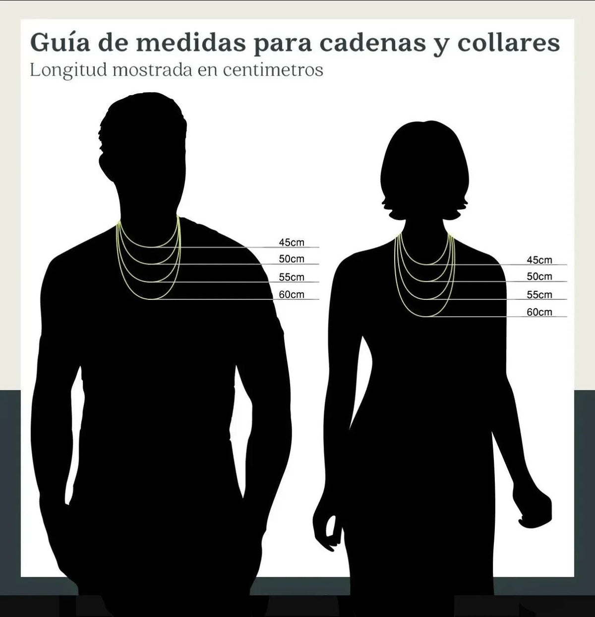 Guía de medidas de El Rey Joyero para cadenas y collares mostrando longitudes de 45 a 60 cm en siluetas