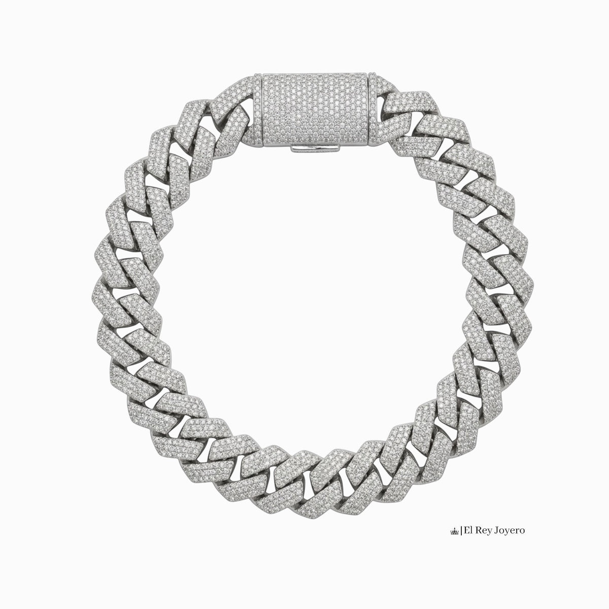 Pulsera Miami Cubana de El Rey Joyero en oro laminado blanco 18k con zirconias 5A y broche de caja premium.