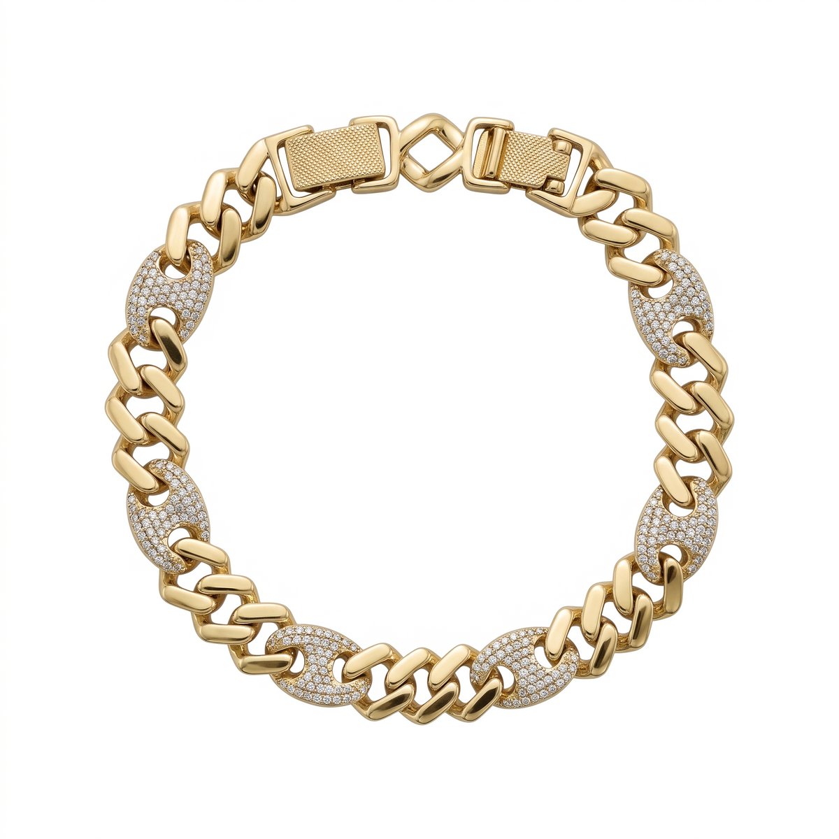 Pulsera El Rey Joyero estilo figaro 3-1 bitono en oro laminado 18k con eslabones brillantes y broche de caja seguro.