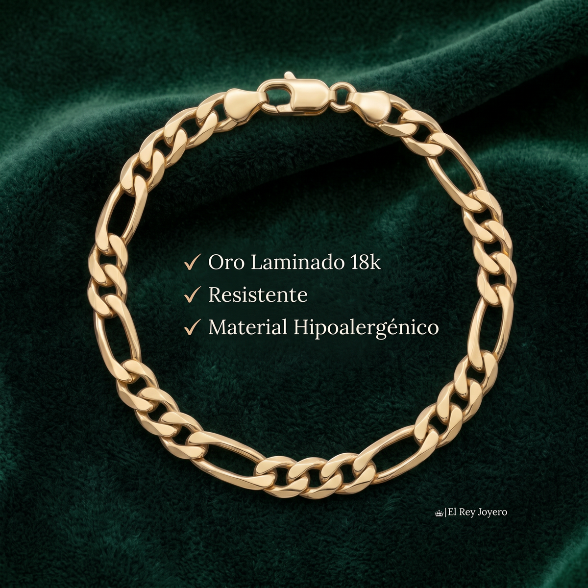 Pulsera El Rey Joyero estilo figaro de oro laminado 18k con eslabones de 7mm sobre fondo de terciopelo azul oscuro