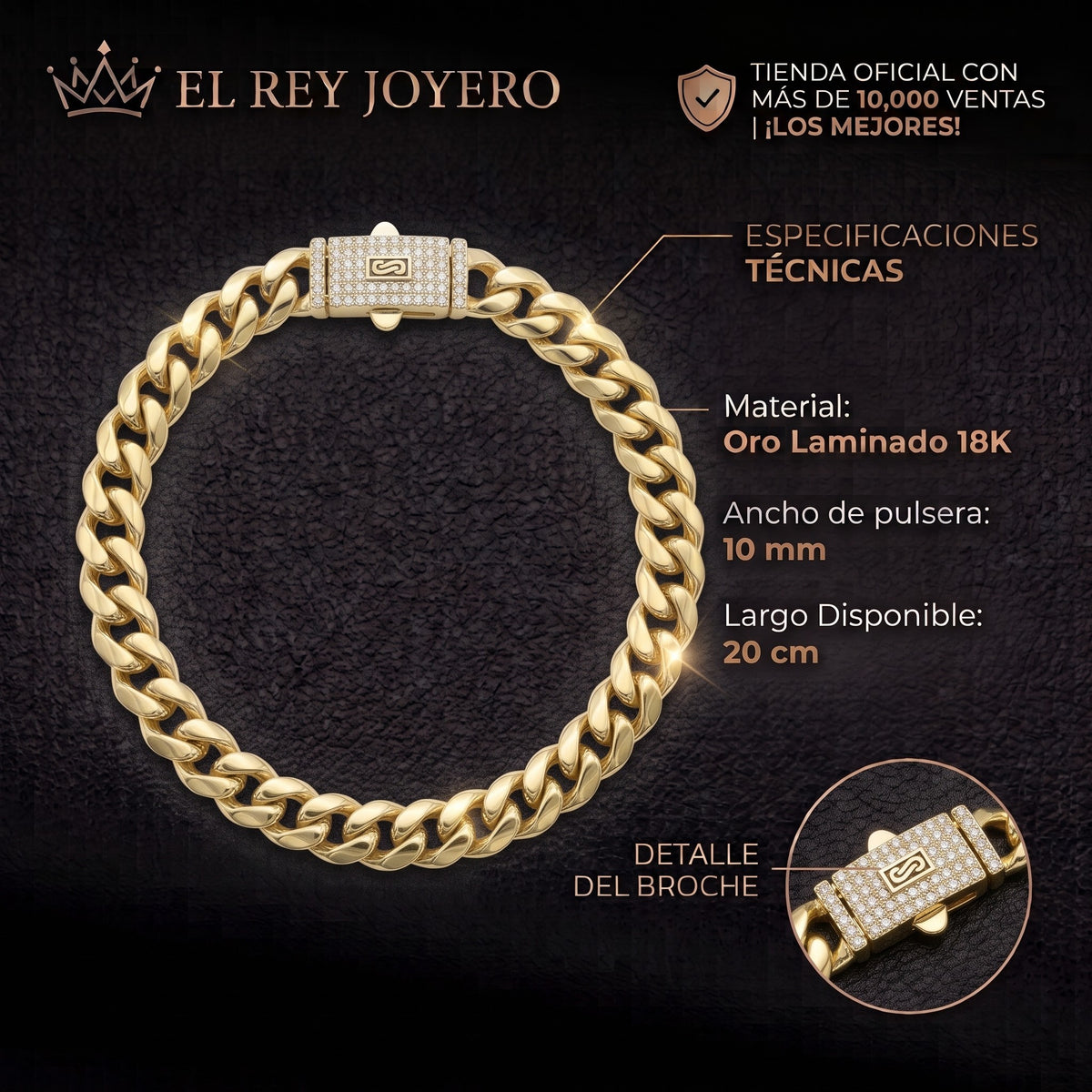 Pulsera El Rey Joyero estilo Mónaco de oro laminado 18k con eslabones de 10mm y broche de caja con circonitas.