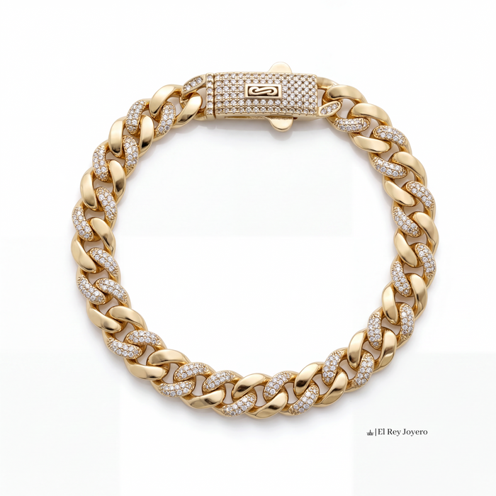 Pulsera El Rey Joyero Mónaco bitono en oro laminado 18k con eslabones cubanos e incrustaciones de circonitas 5A