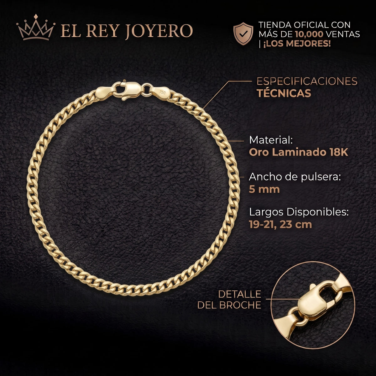 Pulsera Mónaco de El Rey Joyero en oro laminado 18k de 5mm con eslabones clásicos y broche de perico seguro.