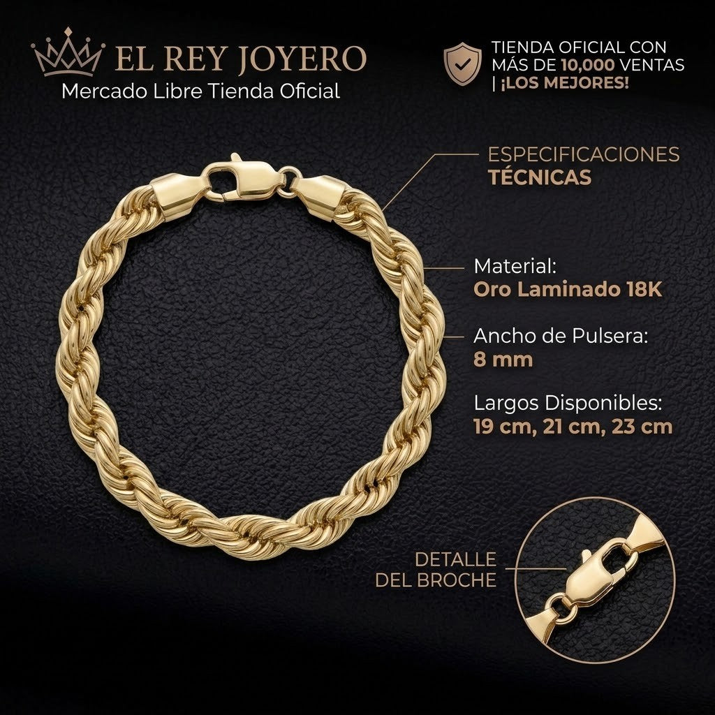 Pulsera de eslabones torzal grueso de 8mm en oro laminado 18k de El Rey Joyero con broche de perico