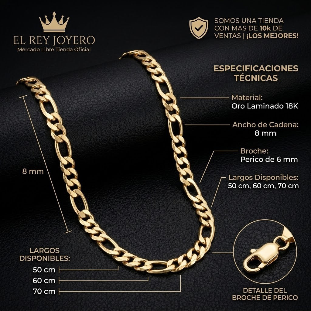 Cadena Cartier de El Rey Joyero en oro laminado 18k con eslabones de 8 mm y broche de perico, vista detallada.