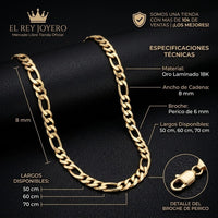 Cadena Cartier de El Rey Joyero en oro laminado 18k con eslabones de 8 mm y broche de perico, vista detallada.