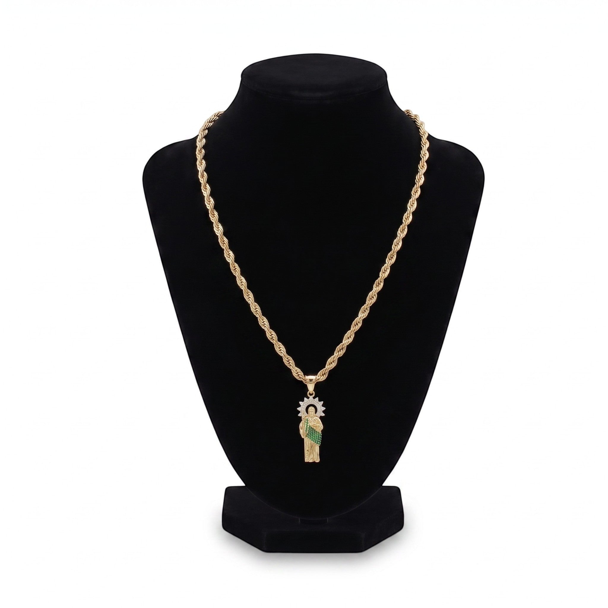 Kit San Judas Premium de El Rey Joyero con cadena de cuerda dorada y dije detallado en oro y esmalte verde