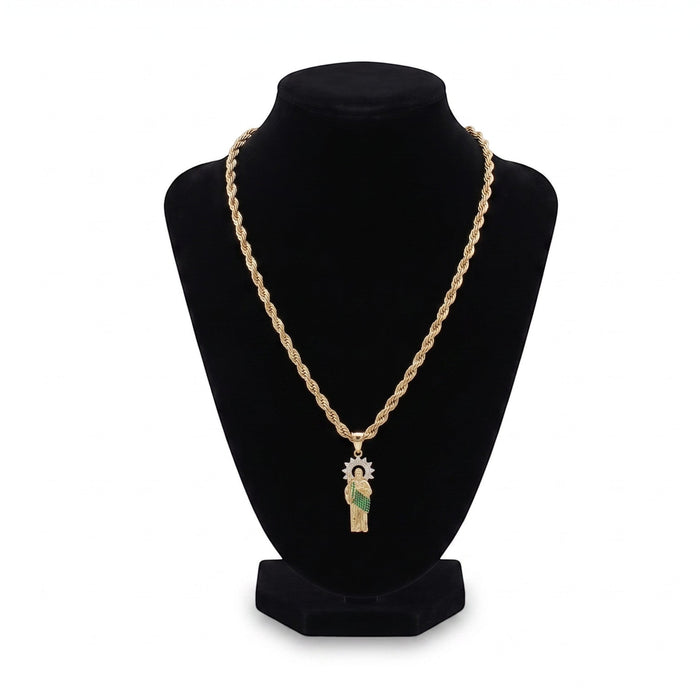 Kit San Judas Premium de El Rey Joyero con cadena de cuerda dorada y dije detallado en oro y esmalte verde