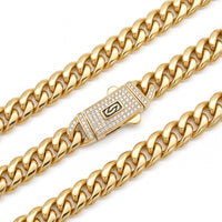 Cadena Mónaco de El Rey Joyero en oro laminado 14k con eslabones gruesos y broche de caja con incrustaciones de zirconias