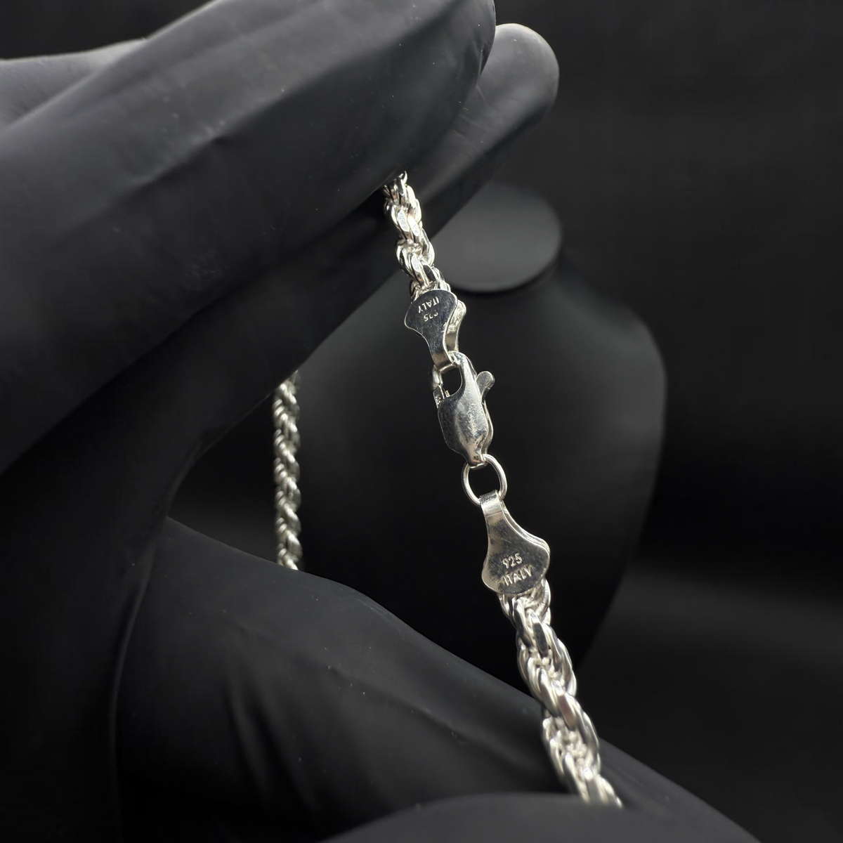 Cadena torzal de 4mm en plata italiana .925 de El Rey Joyero con cierre de mosquetón y sello de autenticidad