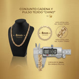 Conjunto de cadena y pulsera tejido chino de 8mm en oro laminado 18k de El Rey Joyero con estuche premium