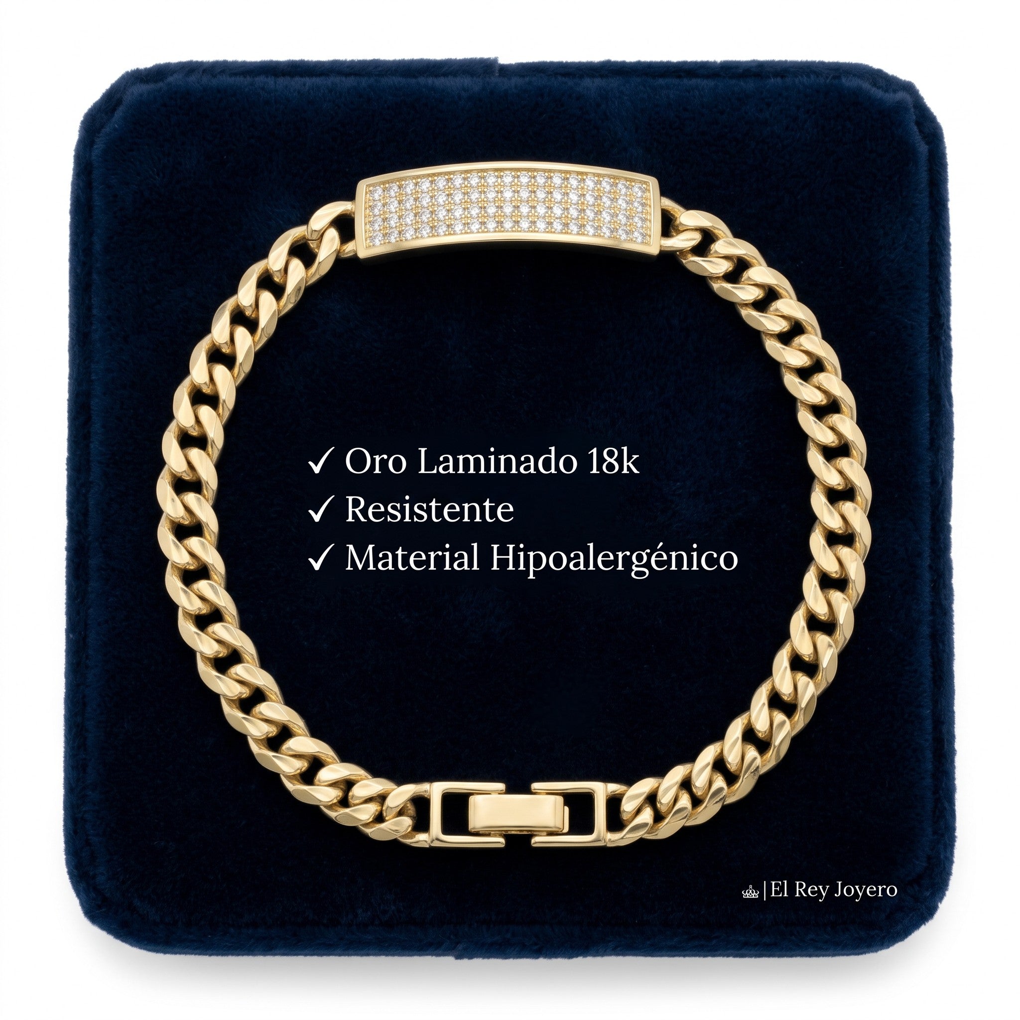 Esclava barbada El Rey Joyero de oro laminado 18k con placa diamantada sobre estuche de terciopelo azul