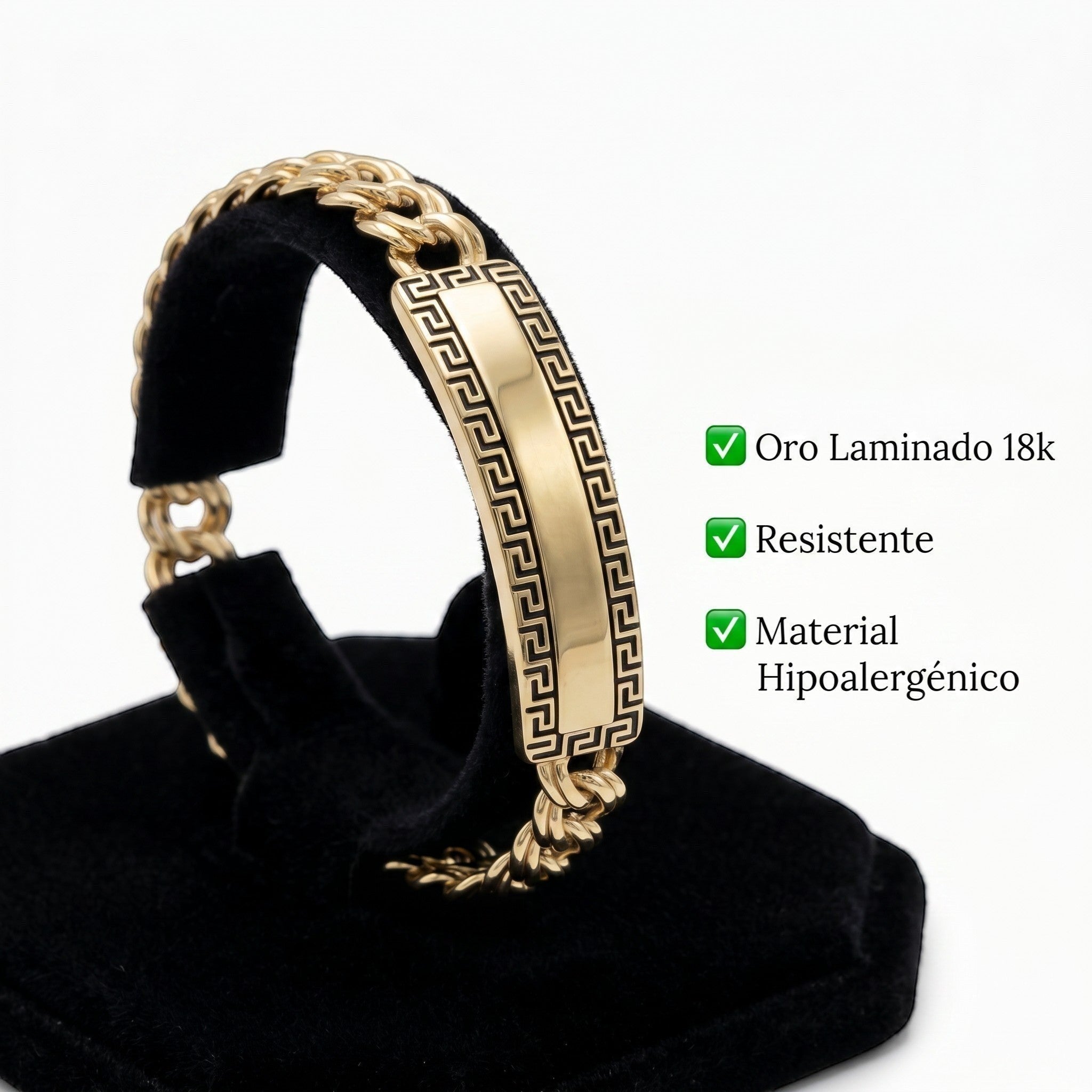 Esclava El Rey Joyero de oro laminado 18k con diseño de grecas y eslabones tipo chino sobre soporte negro