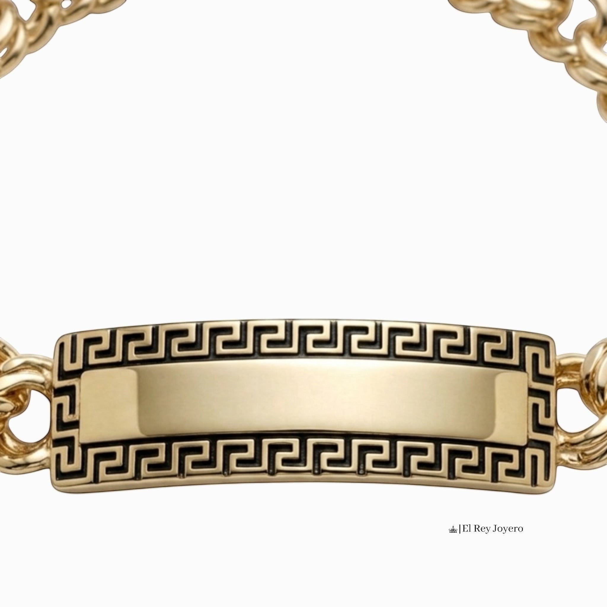 Esclava El Rey Joyero de oro con diseño de grecas negras y placa central lisa en tejido chino