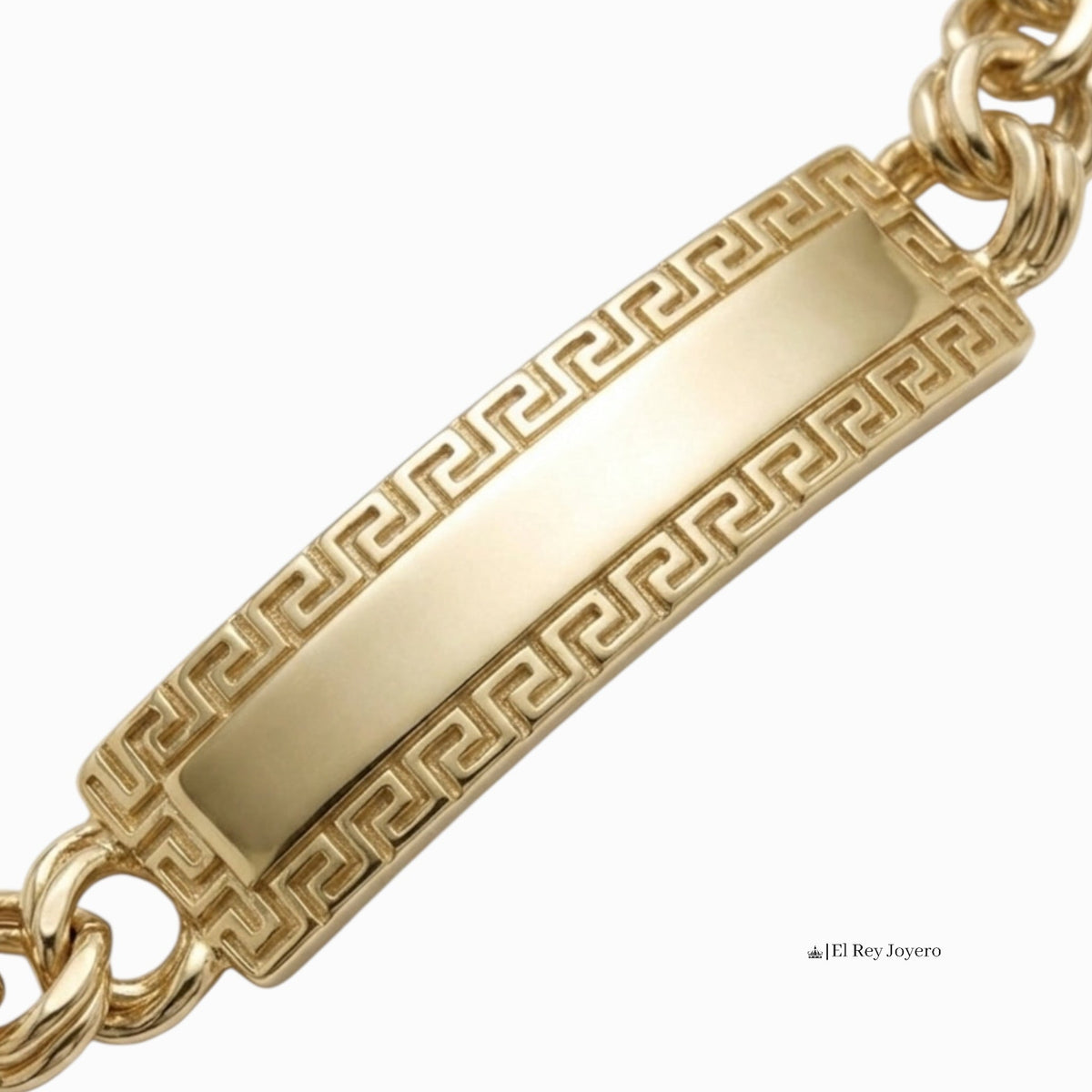 Esclava El Rey Joyero de oro laminado 18k con eslabones estilo chino y placa central con diseño de grecas.