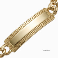 Esclava El Rey Joyero de oro laminado 18k con eslabones estilo chino y placa central con diseño de grecas.