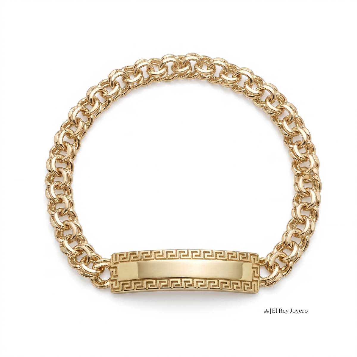 Esclava El Rey Joyero de oro laminado 18k con eslabones estilo chino y placa central con diseño de grecas.