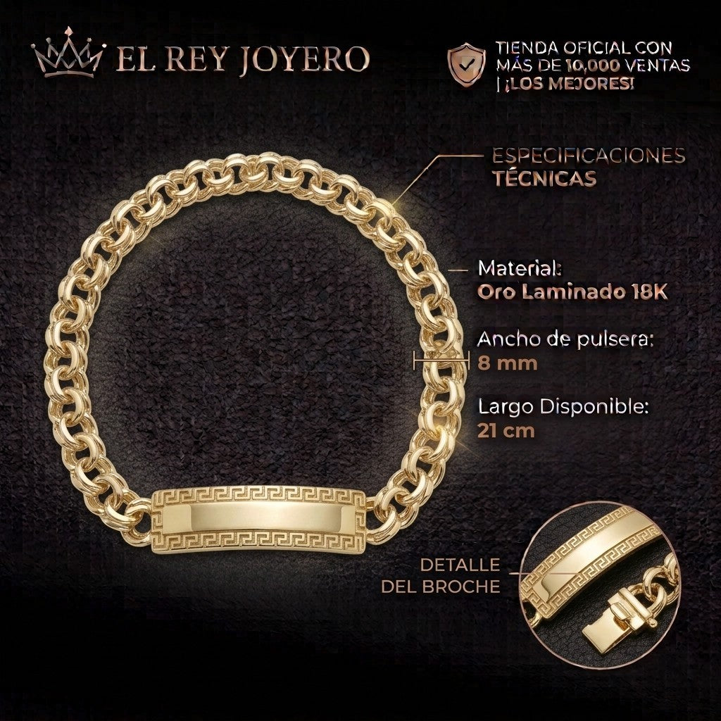 Esclava de oro laminado 18k con tejido chino y broche de grecas de El Rey Joyero, 8mm de ancho y 21cm de largo.
