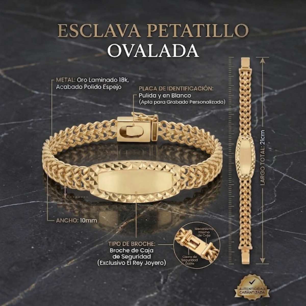 Esclava Petatillo Diamantada de El Rey Joyero en oro laminado 18k con placa pulida y broche de seguridad