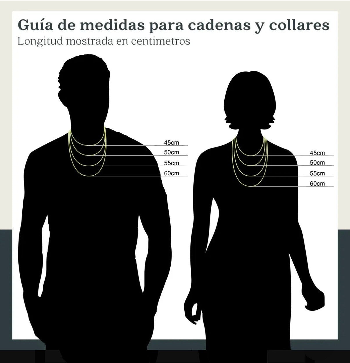 Guía de medidas de El Rey Joyero para cadenas y collares con longitudes de 45cm a 60cm sobre siluetas de hombre y mujer
