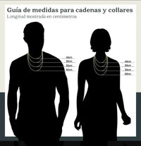 Guía de medidas de El Rey Joyero para cadenas y collares mostrando longitudes de 45 a 60 cm en siluetas