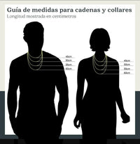 Guía de tallas de El Rey Joyero para cadenas Fígaro, mostrando longitudes de 45cm a 60cm en siluetas de hombre y mujer.