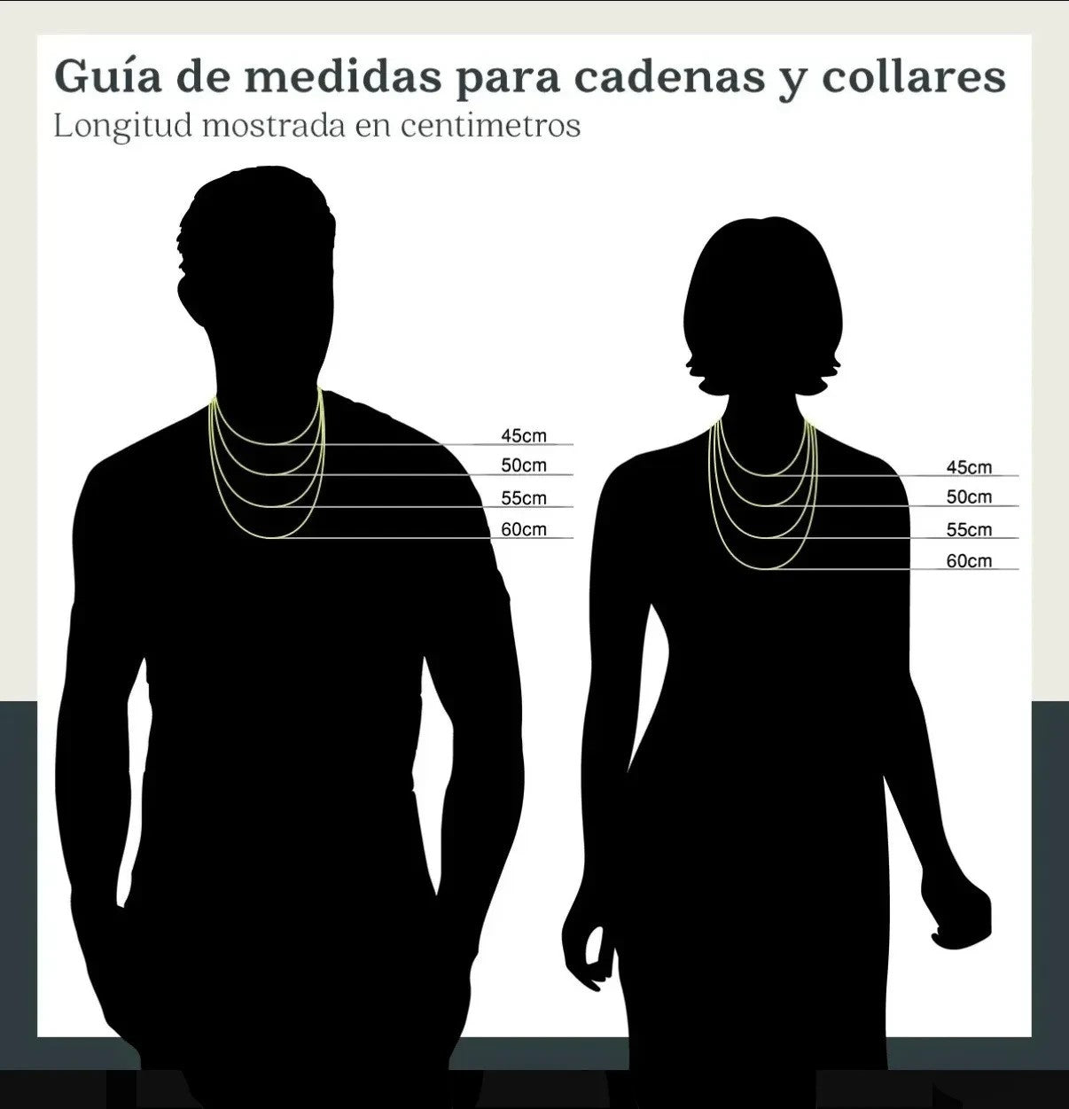 Guía de medidas de El Rey Joyero para cadenas y collares con siluetas de hombre y mujer mostrando longitudes en cm