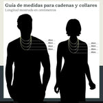 Guía de medidas de El Rey Joyero para cadenas y collares con siluetas de hombre y mujer mostrando longitudes en cm