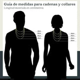 Guía de medidas de El Rey Joyero para cadenas y collares con siluetas de hombre y mujer mostrando longitudes en cm