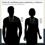 Guía de medidas El Rey Joyero para cadenas y collares con siluetas de hombre y mujer mostrando longitudes en cm