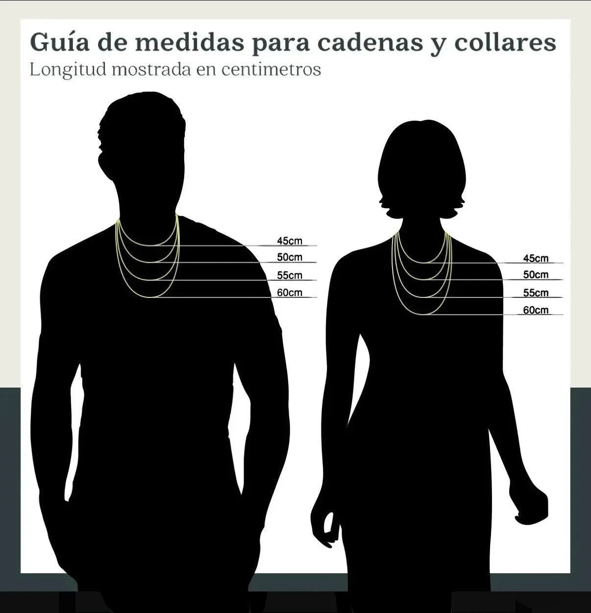 Guía de medidas de El Rey Joyero para cadenas y collares con longitudes de 45cm a 60cm sobre siluetas