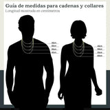 Guía de medidas de El Rey Joyero para cadenas y collares con siluetas de hombre y mujer mostrando longitudes en cm.