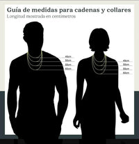 Guía de medidas de El Rey Joyero para cadenas y collares mostrando longitudes de 45 a 60 cm en siluetas