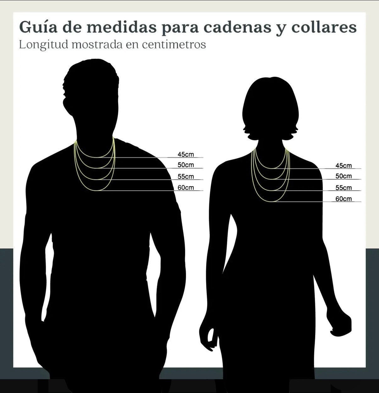 Guía de medidas de El Rey Joyero para cadenas y collares con longitudes de 45cm a 60cm sobre siluetas