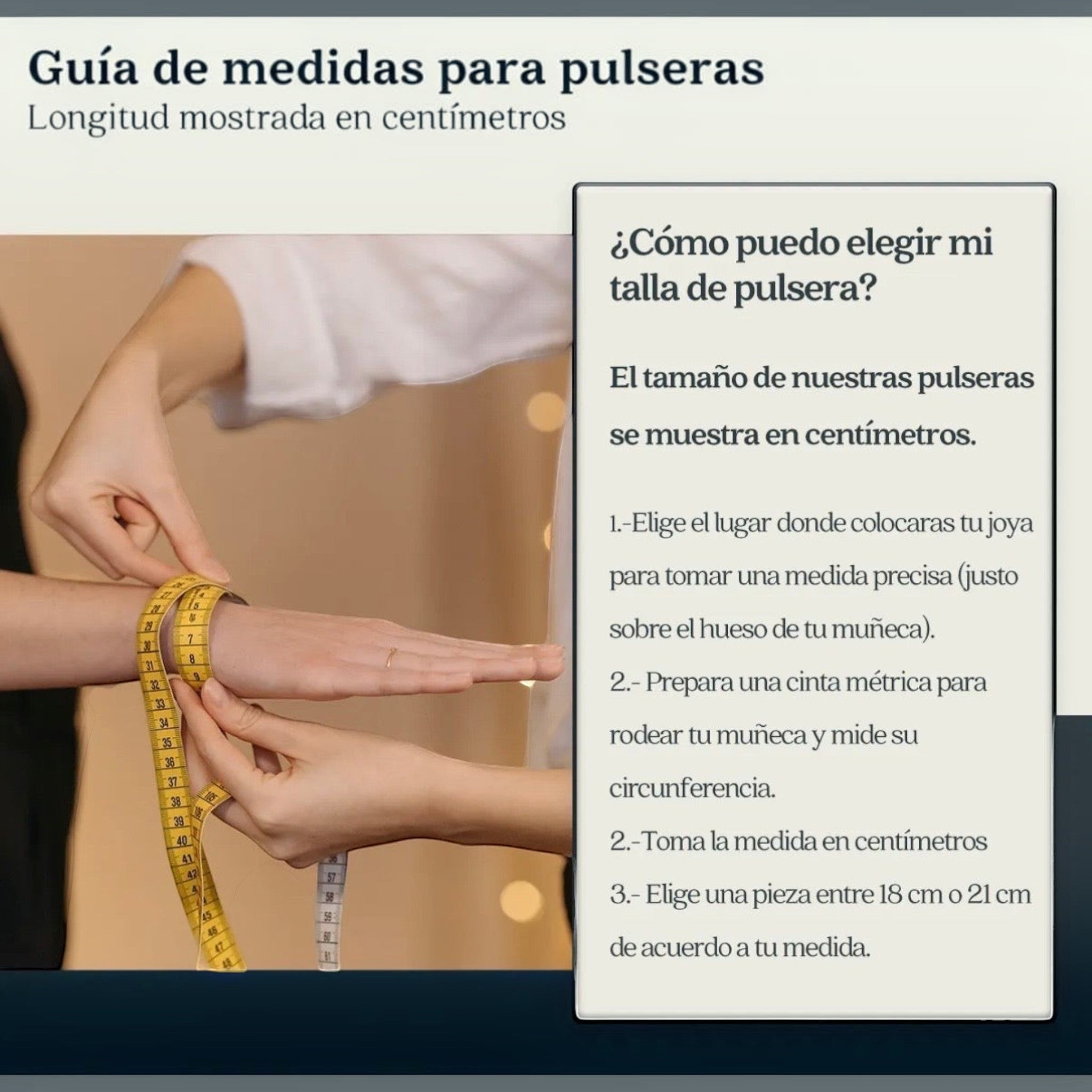 Guía de El Rey Joyero para medir la muñeca y elegir la talla correcta de pulsera con cinta métrica amarilla