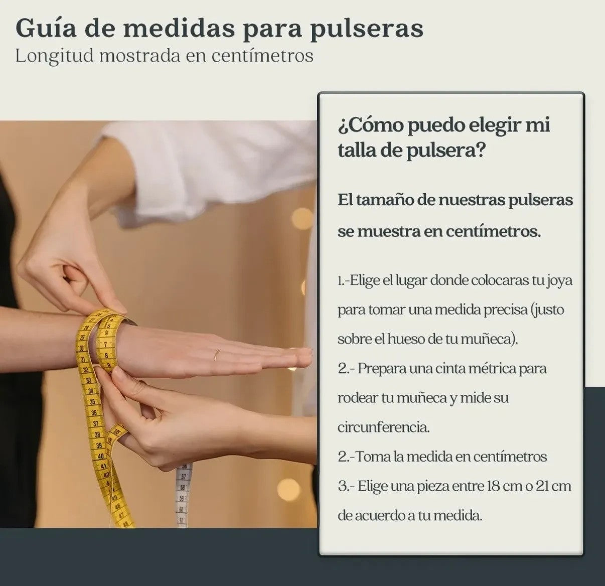 Guía de medidas de El Rey Joyero para elegir la talla correcta de pulsera usando una cinta métrica en la muñeca.
