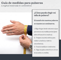 Guía de medidas de El Rey Joyero para pulseras mostrando cómo medir la muñeca con una cinta métrica