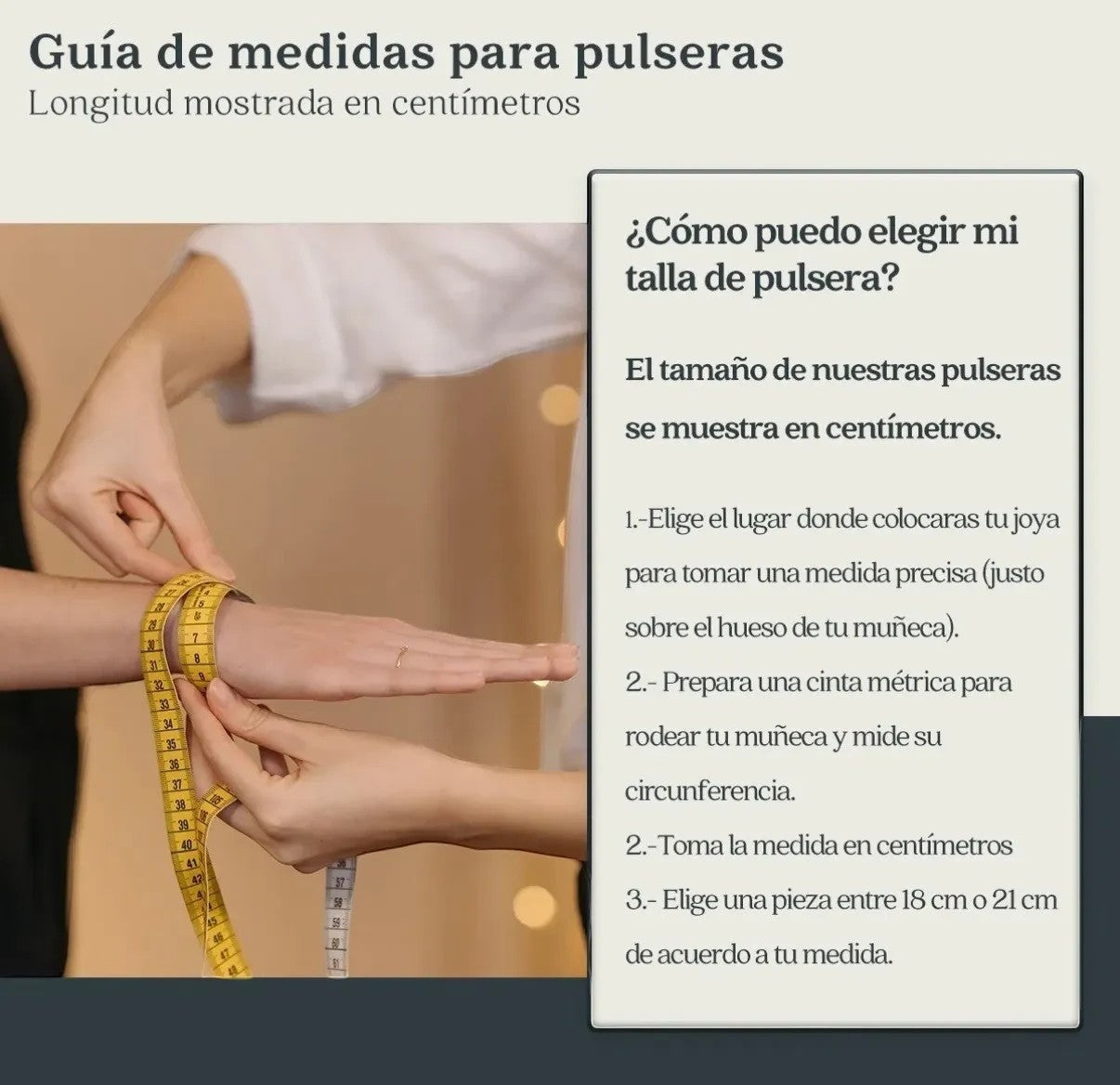 Guía de medidas para pulseras El Rey Joyero mostrando cómo medir la muñeca con una cinta métrica amarilla