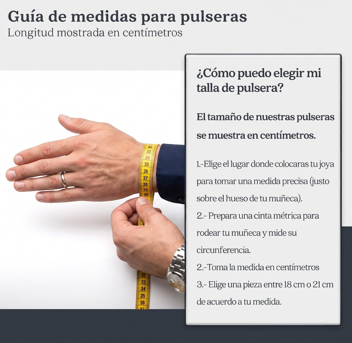 Guía de El Rey Joyero para medir la muñeca con cinta métrica y elegir la talla correcta de pulsera Mónaco