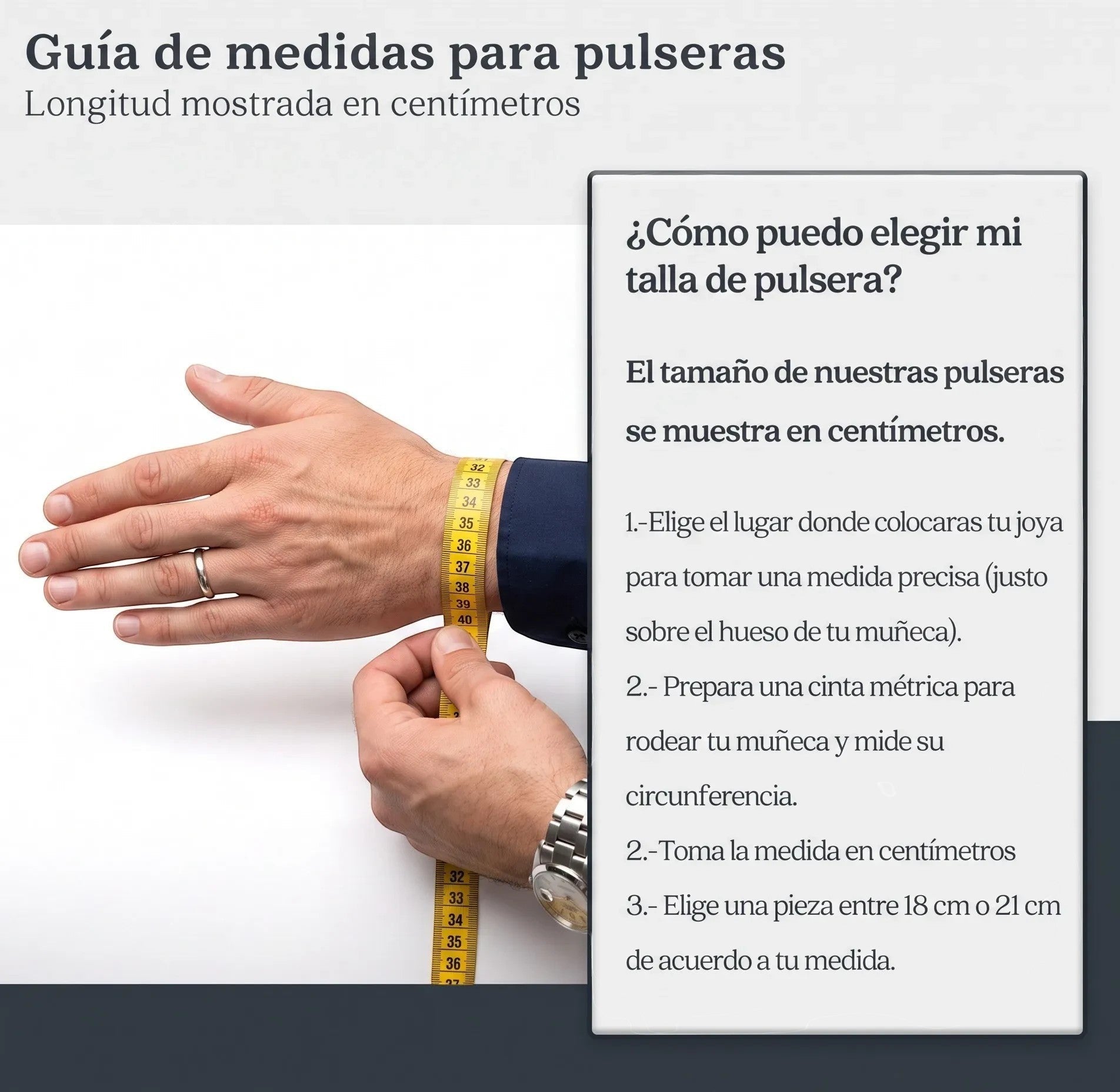 Guía de medidas de El Rey Joyero para elegir la talla de pulsera usando una cinta métrica en la muñeca
