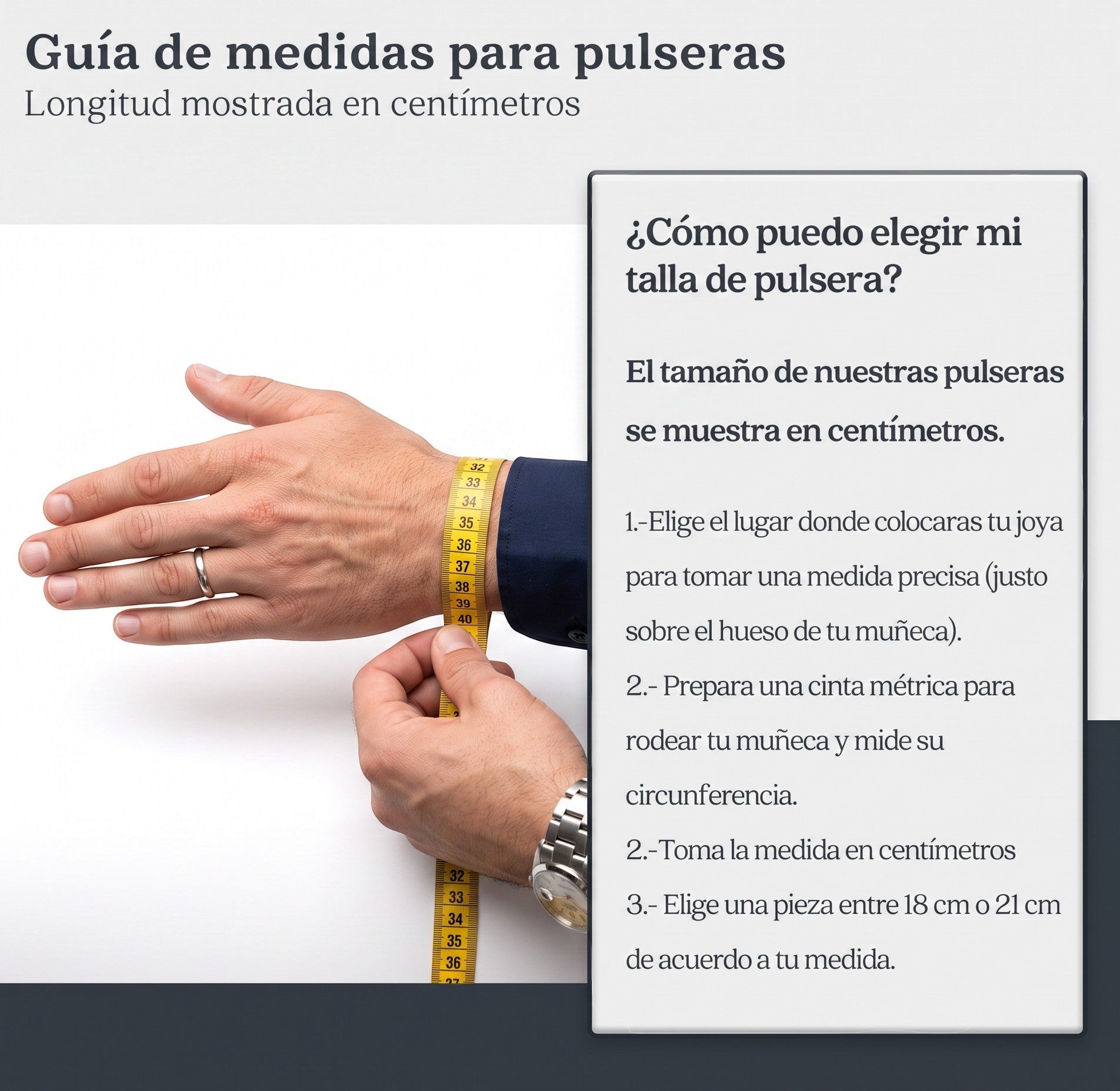 Guía de medidas de El Rey Joyero para pulseras mostrando cómo medir la muñeca con una cinta métrica amarilla