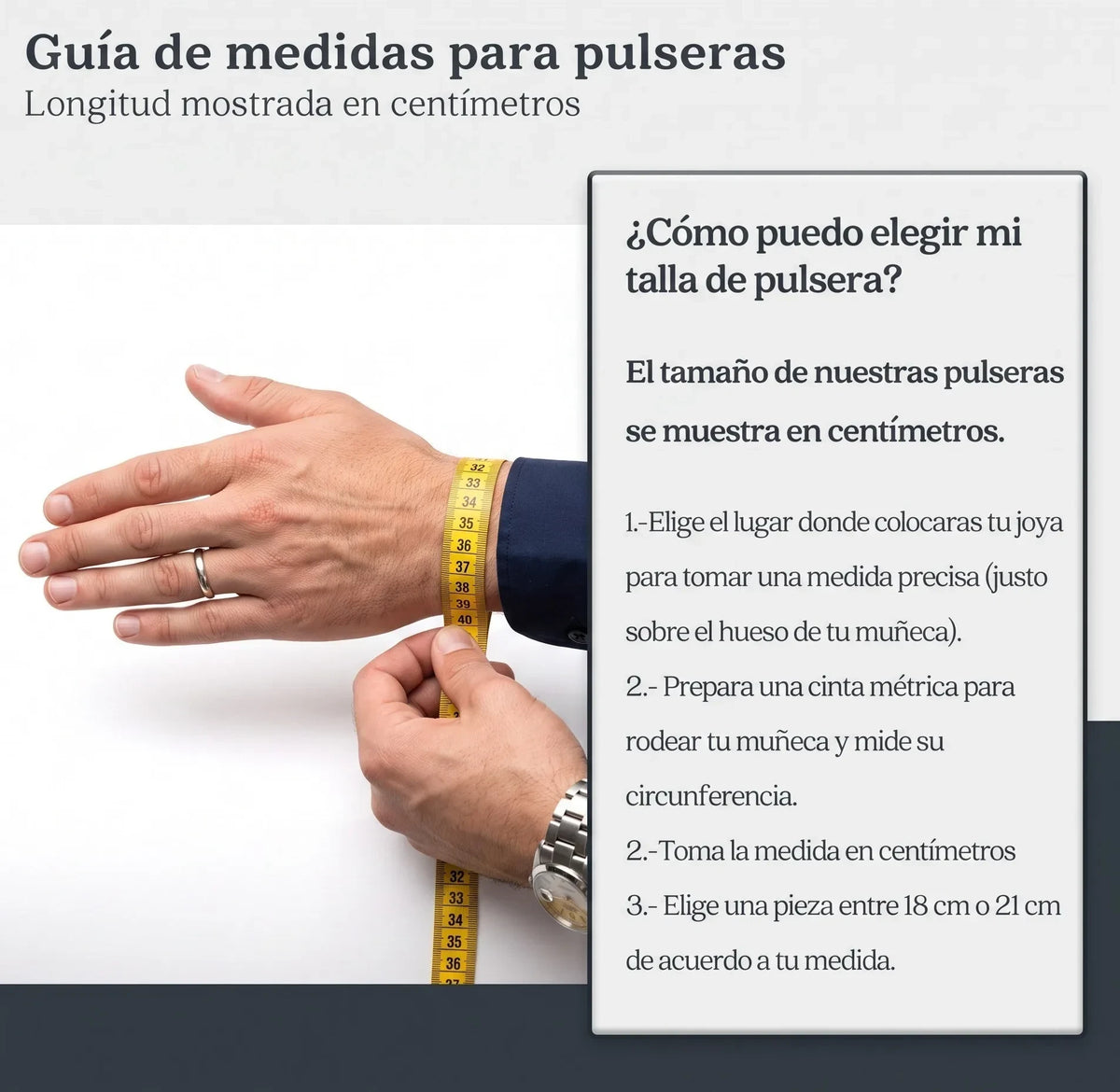 Guía de medidas para pulseras El Rey Joyero mostrando cómo medir la muñeca con una cinta métrica en centímetros