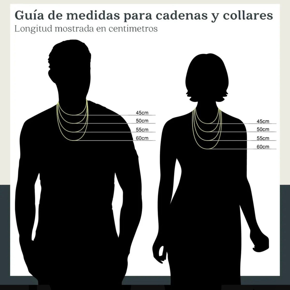 Guía de tallas de El Rey Joyero para cadenas Cartier de 45 a 60 cm sobre siluetas de hombre y mujer