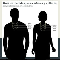 Guía de tallas de El Rey Joyero para cadenas Cartier de 45 a 60 cm sobre siluetas de hombre y mujer